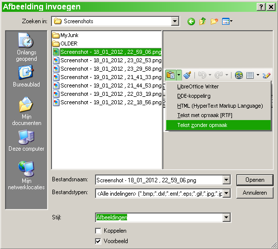 Afbeelding 1: Dialoogvenster Afbeelding invoegen Een afbeeldingsbestand koppelen Als de optie Koppelen in het dialoogvenster Afbeelding invoegen wordt geselecteerd, maakt LibreOffice een koppeling