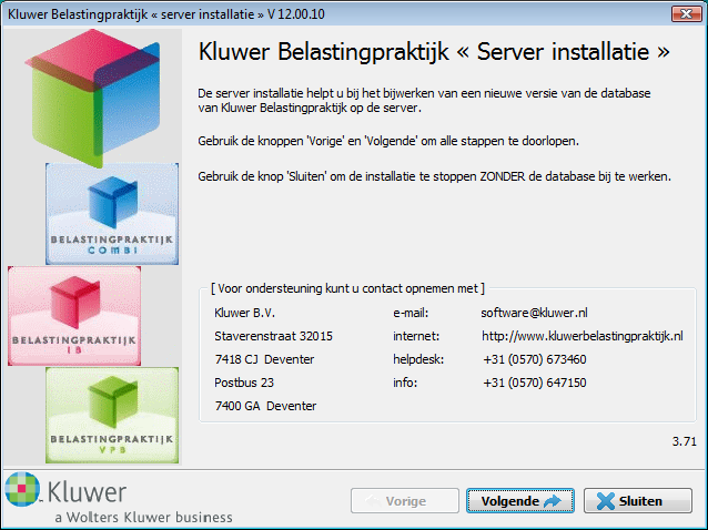 Kluwer Belastingpraktijk zal nu de instellingen van de SQL database ophalen. Dit kan enige tijd duren. Uiteindelijk wordt de server getoond waar de databases op geïnstalleerd zijn.