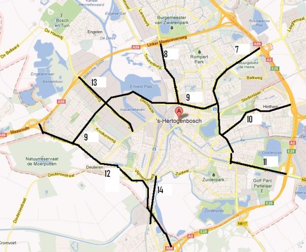 Gebruikersonderzoek Beter Benutten Noord-Brabant s-hertogenbosch Oss Onderstaande afbeelding toont de wegen/trajecten die in het onderzoek aan bod zijn gekomen.