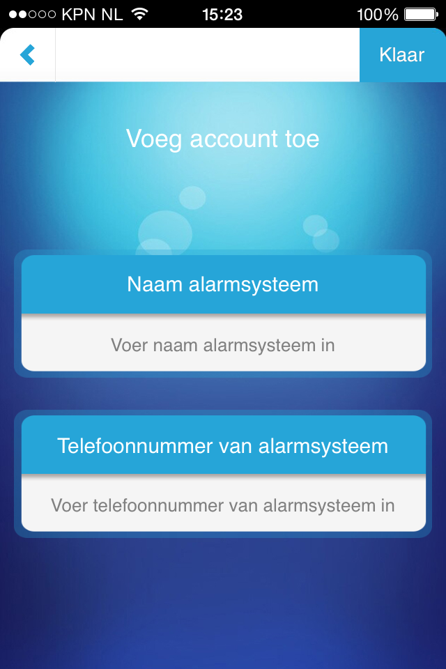 5.1 Account toevoegen 14 NEDERLANDS Met de APP kunt u het alarmsysteem bedienen. Bij gebruik van de Apple APP zorgt de APP ervoor dat er een SMS bericht wordt klaargezet met de gekozen functie.