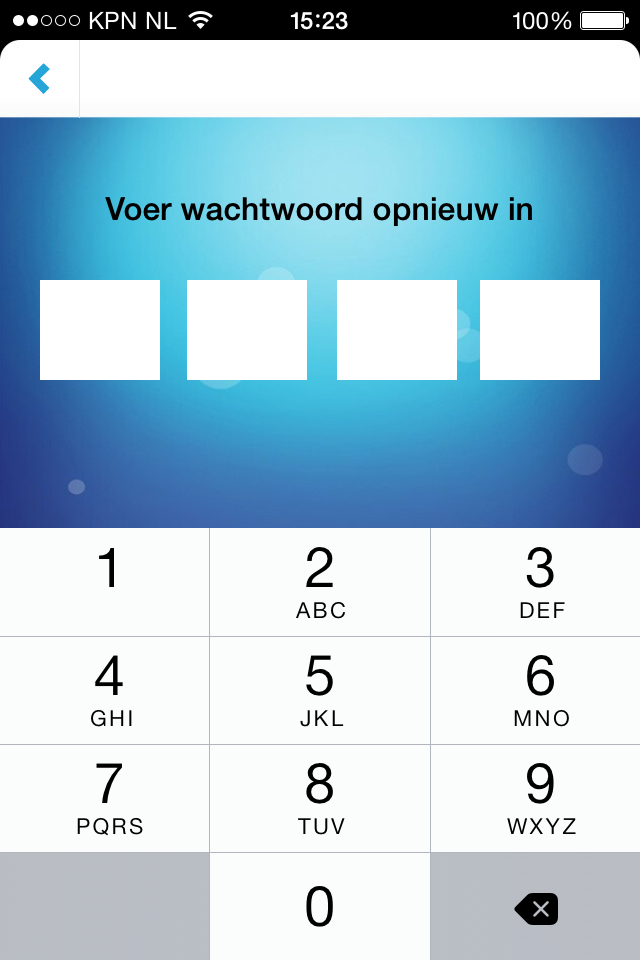 17 NEDERLANDS Voer nu een wachtwoord/pin code in waarmee je de APP wilt beveiligen. Herhaal het Wachtwoord/PIN code.