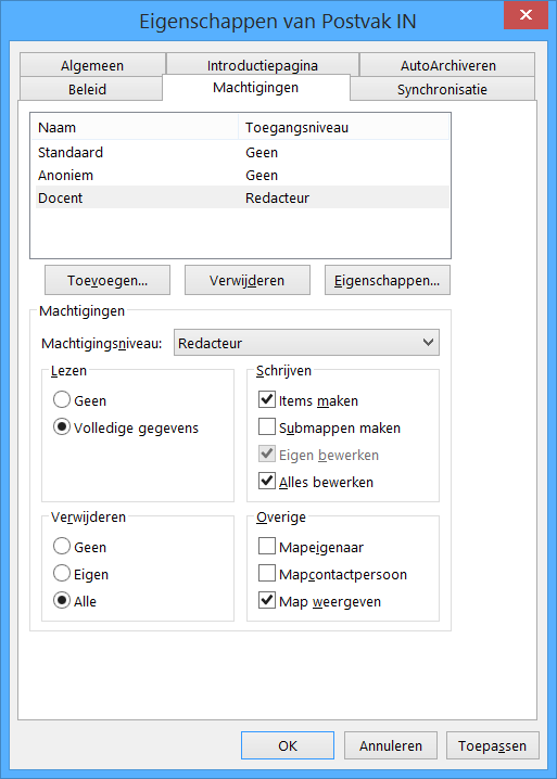 10 MACHTIGINGEN EN DELEN Je kunt iemand toegang geven tot je Postvak IN, Agenda en/of Takenlijst. Machtigingen kunnen op verschillende niveaus worden gegeven, bijv.