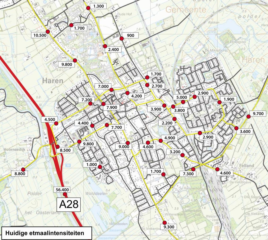 Uitgaande van 380 woningen in deelgebieden 5 en 6 en een gemiddelde woningbezetting van 2,2 5 komt dit naar verwachting neer op circa 1000 fietsritten per dag.