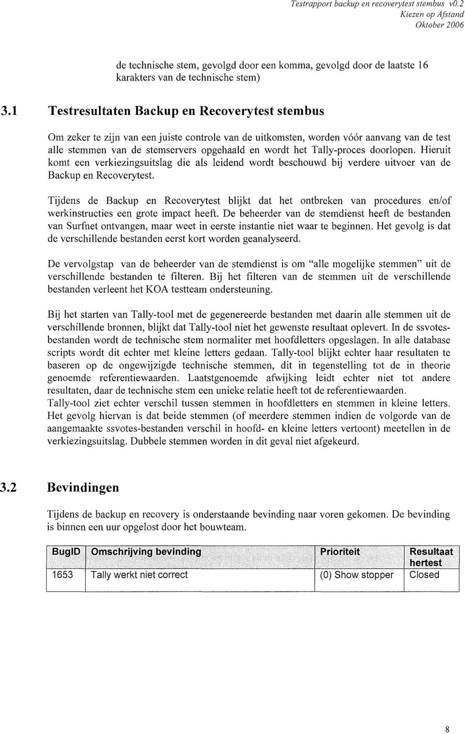 Tally-proces doorlopen. Hieruit komt een verkiezingsuitslag die als leidend wordt beschouwd bij verdere uitvoer van de Backup en Recoverytest.