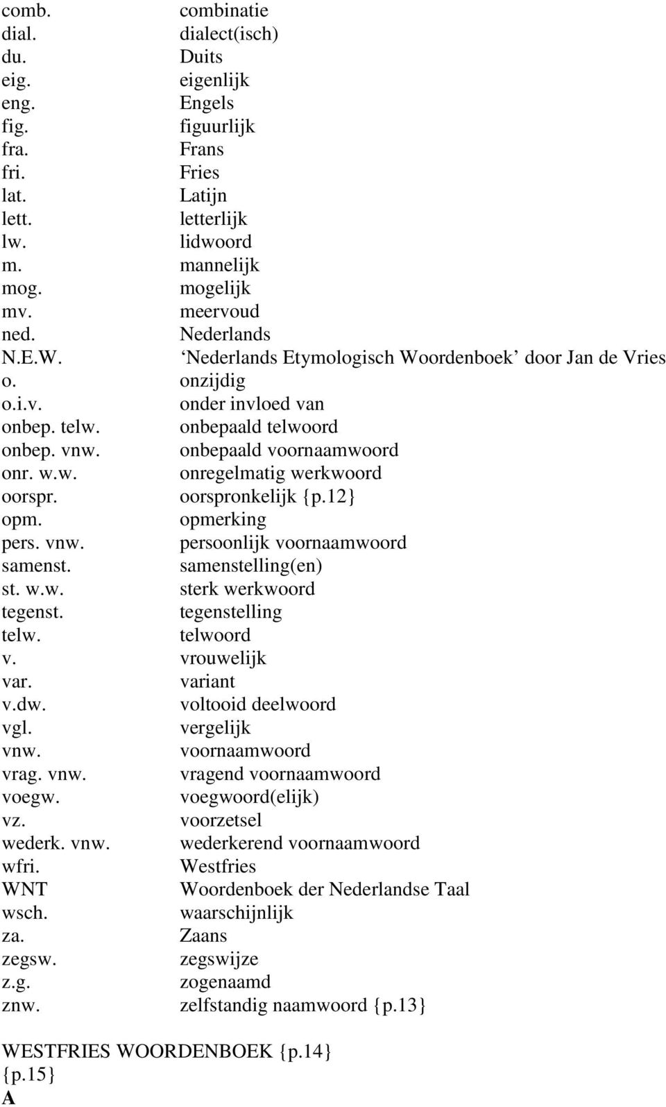 oorspronkelijk {p.12} opm. opmerking pers. vnw. persoonlijk voornaamwoord samenst. samenstelling(en) st. w.w. sterk werkwoord tegenst. tegenstelling telw. telwoord v. vrouwelijk var. variant v.dw.