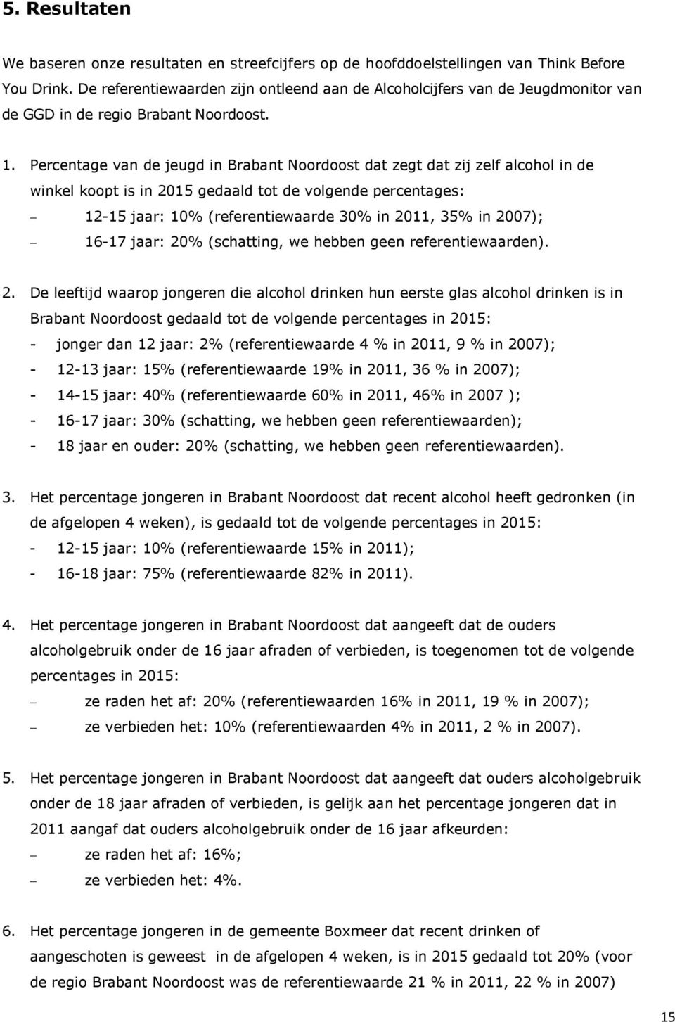 Percentage van de jeugd in Brabant Noordoost dat zegt dat zij zelf alcohol in de winkel koopt is in 2015 gedaald tot de volgende percentages: 12-15 jaar: 10% (referentiewaarde 30% in 2011, 35% in