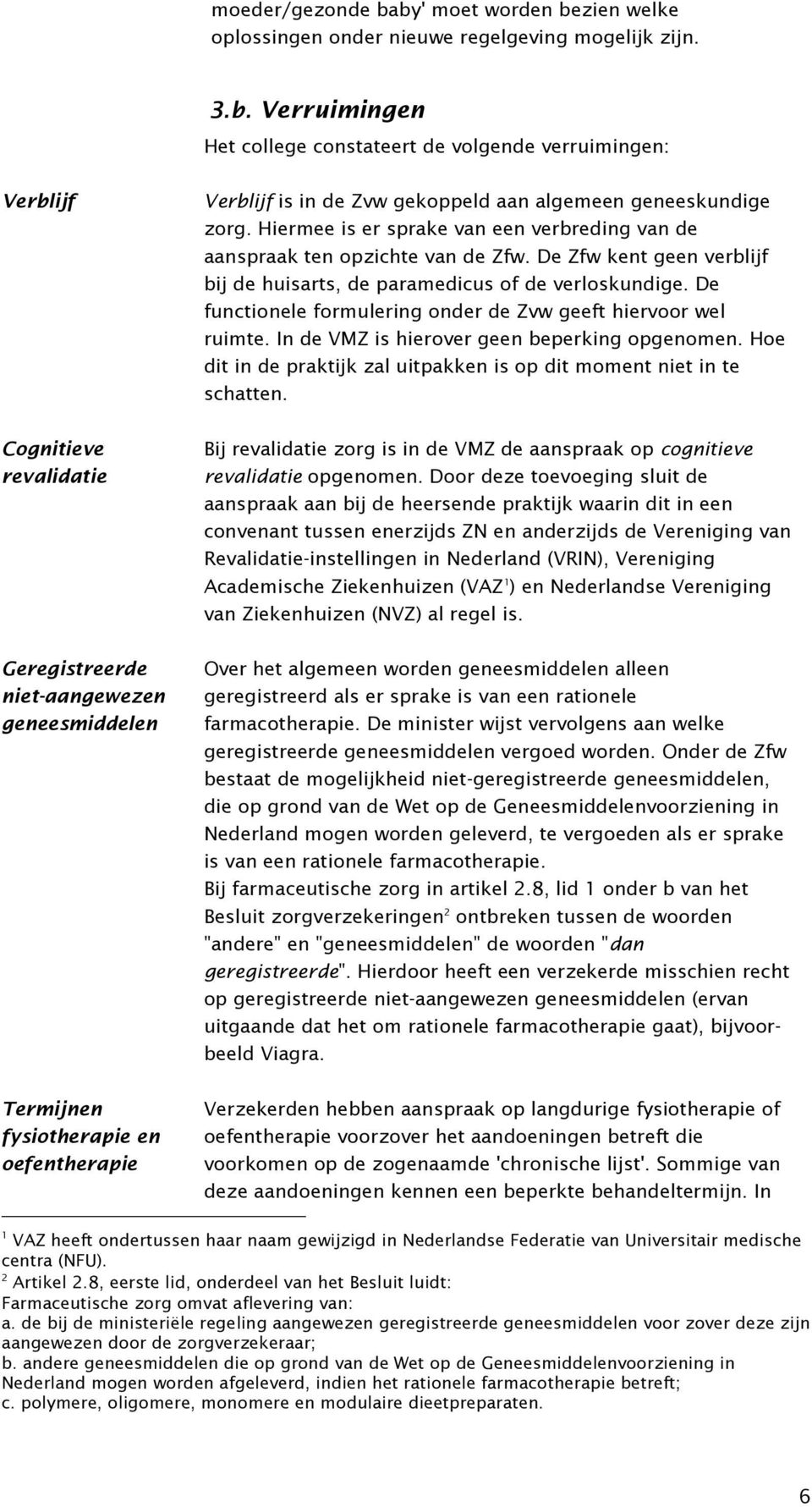 niet-aangewezen geneesmiddelen Termijnen fysiotherapie en oefentherapie Verblijf is in de Zvw gekoppeld aan algemeen geneeskundige zorg.