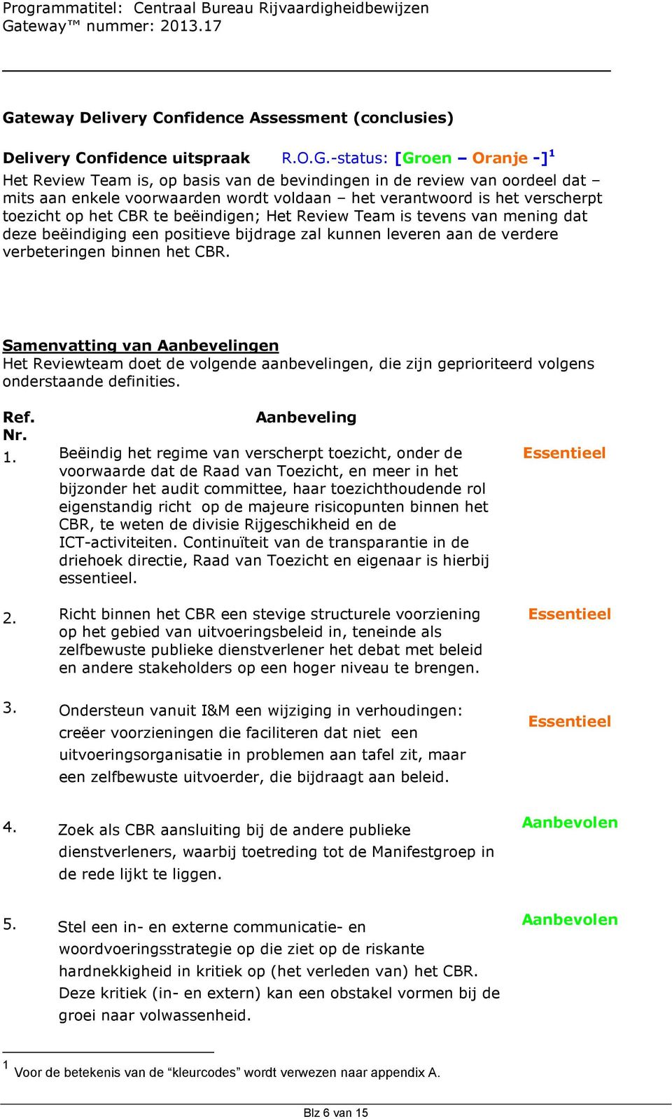 leveren aan de verdere verbeteringen binnen het CBR. Samenvatting van Aanbevelingen Het Reviewteam doet de volgende aanbevelingen, die zijn geprioriteerd volgens onderstaande definities. Ref. Nr.