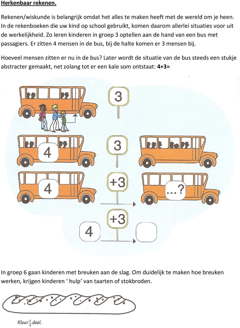Zo leren kinderen in groep 3 optellen aan de hand van een bus met passagiers. Er zitten 4 mensen in de bus, bij de halte komen er 3 mensen bij.