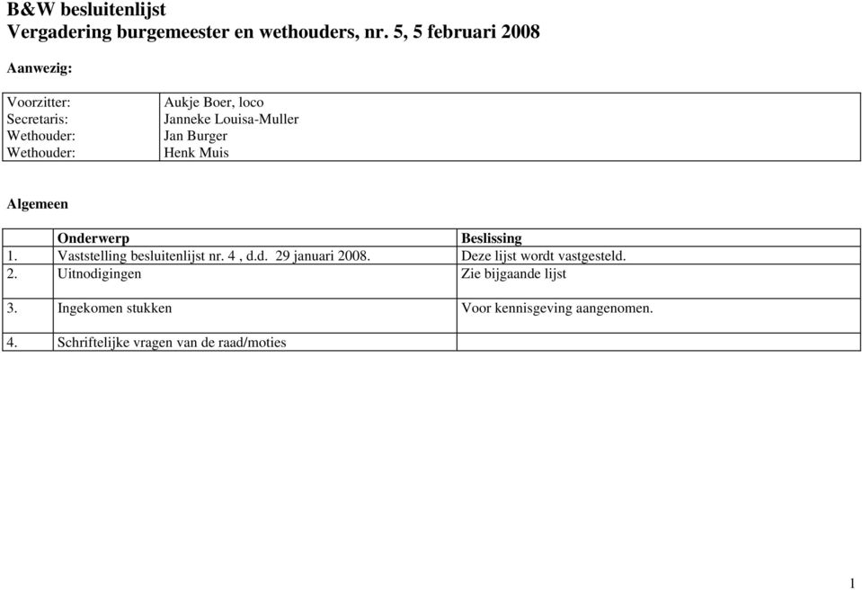 Louisa-Muller Jan Burger Henk Muis Algemeen Onderwerp Beslissing 1. Vaststelling besluitenlijst nr. 4, d.d. 29 januari 2008.