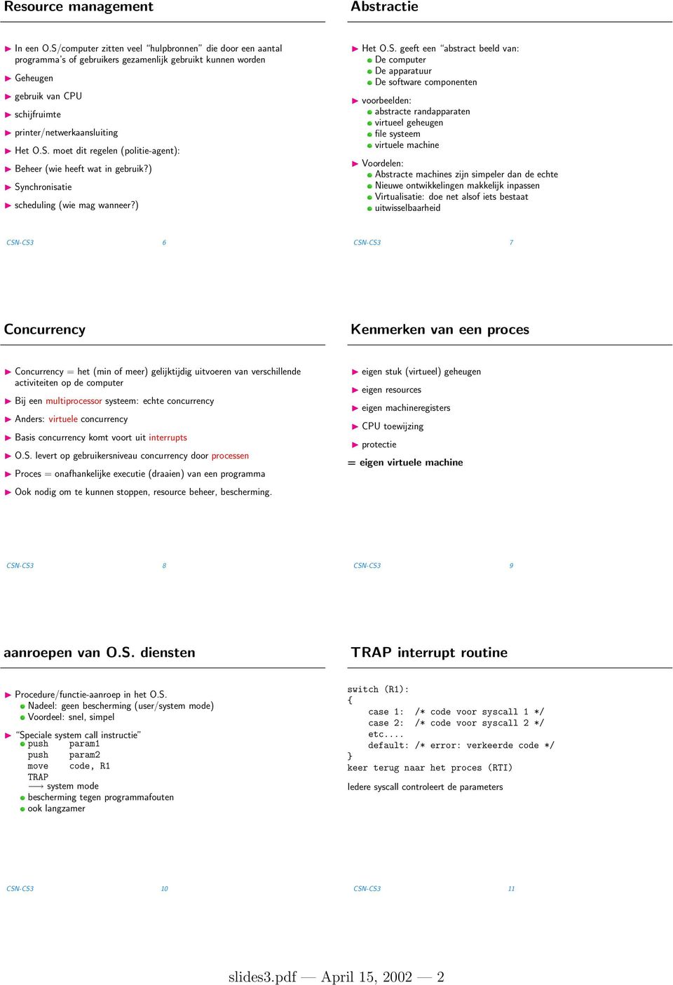 ) Synchronisatie scheduling (wie mag wanneer?) Het O.S. geeft een abstract beeld van: De computer De apparatuur De software componenten voorbeelden: abstracte randapparaten virtueel geheugen file