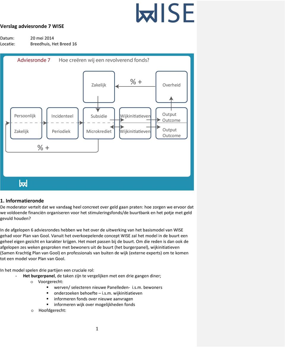 Informatieronde De moderator vertelt dat we vandaag heel concreet over geld gaan praten: hoe zorgen we ervoor dat we voldoende financiën organiseren voor het stimuleringsfonds/de buurtbank en het