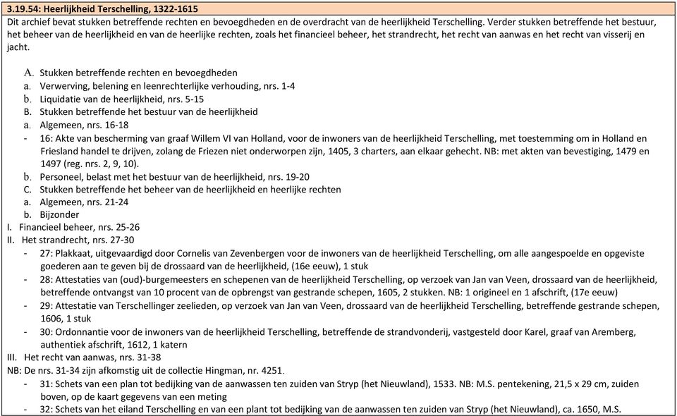 jacht. A. Stukken betreffende rechten en bevoegdheden a. Verwerving, belening en leenrechterlijke verhouding, nrs. 1-4 b. Liquidatie van de heerlijkheid, nrs. 5-15 B.