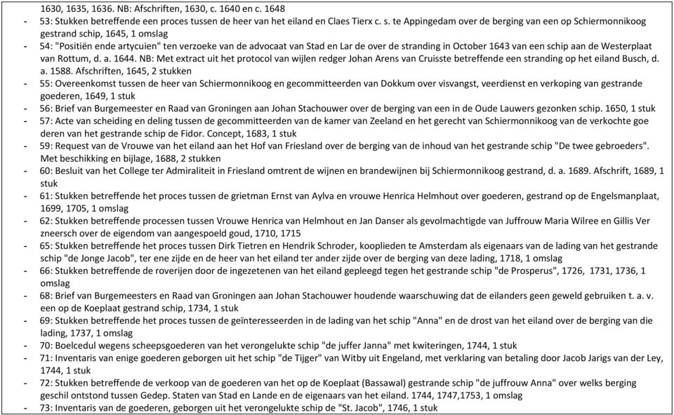 1643 van een schip aan de Westerplaat van Rottum, d. a. 1644. NB: Met extract uit het protocol van wijlen redger Johan Arens van Cruisste betreffende een stranding op het eiland Busch, d. a. 1588.