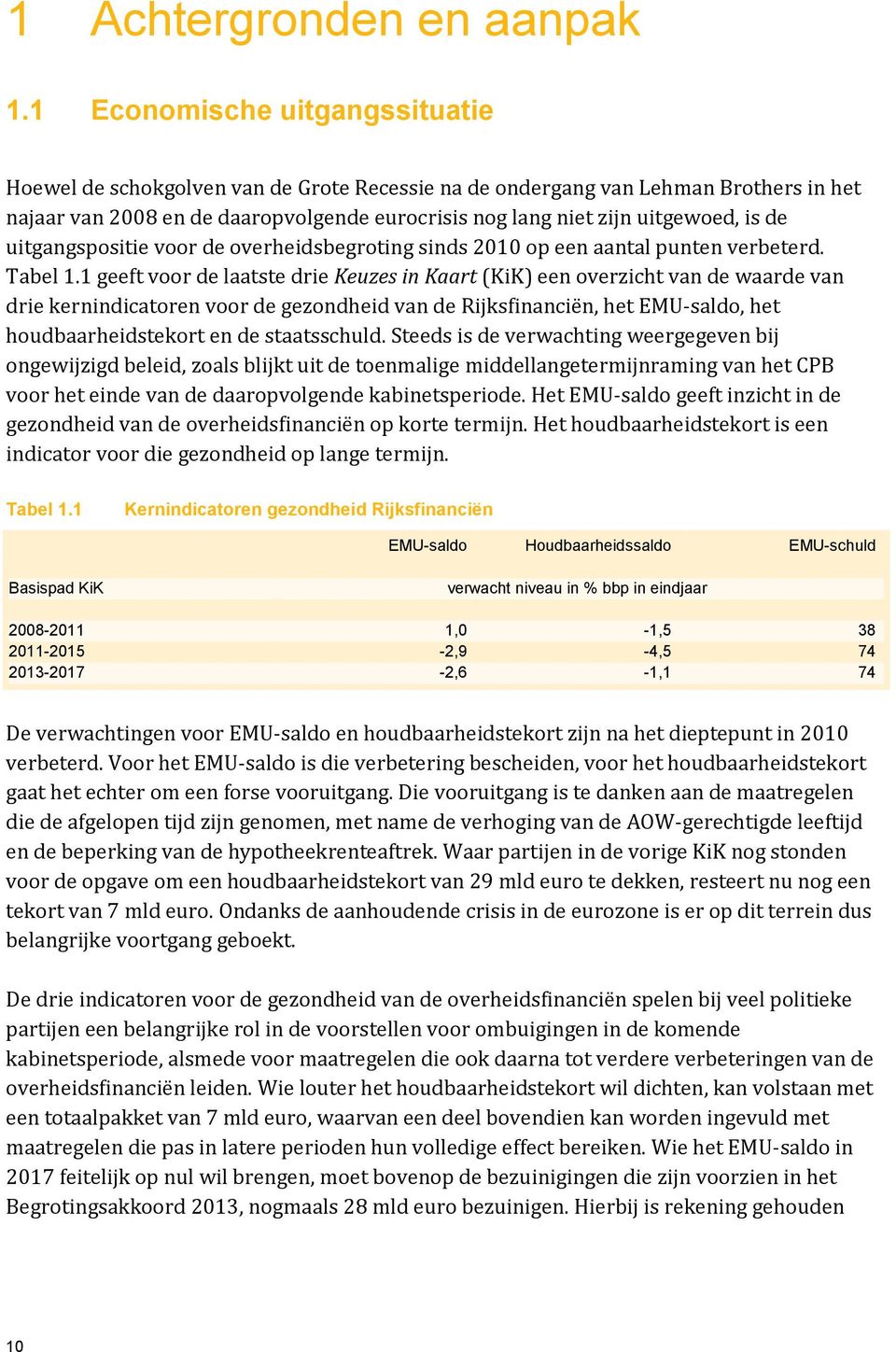 de uitgangspositie voor de overheidsbegroting sinds 2010 op een aantal punten verbeterd. Tabel 1.