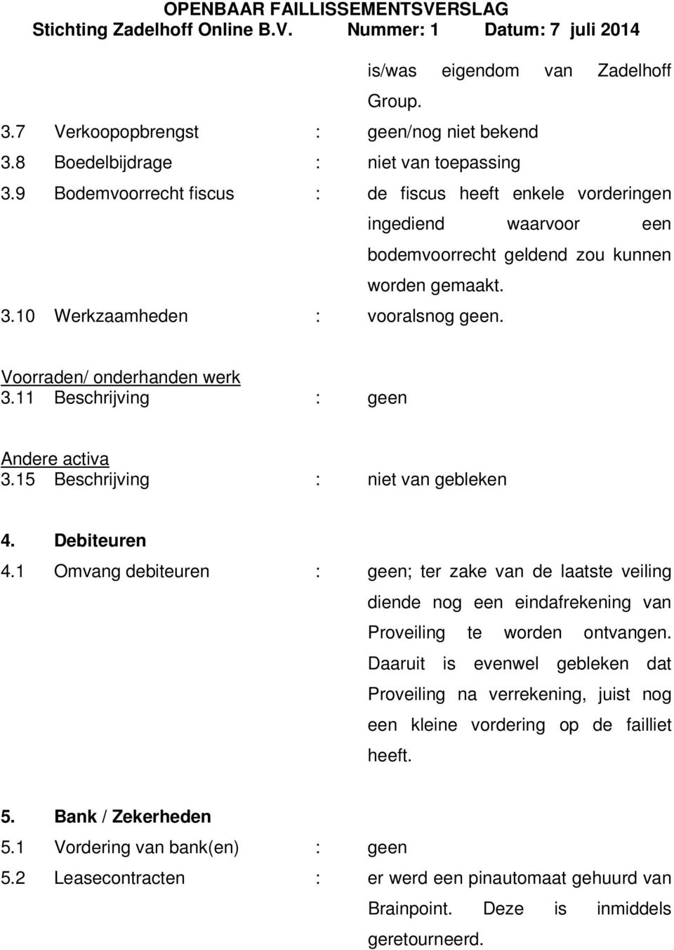 Voorraden/ onderhanden werk 3.11 Beschrijving : geen Andere activa 3.15 Beschrijving : niet van gebleken 4. Debiteuren 4.