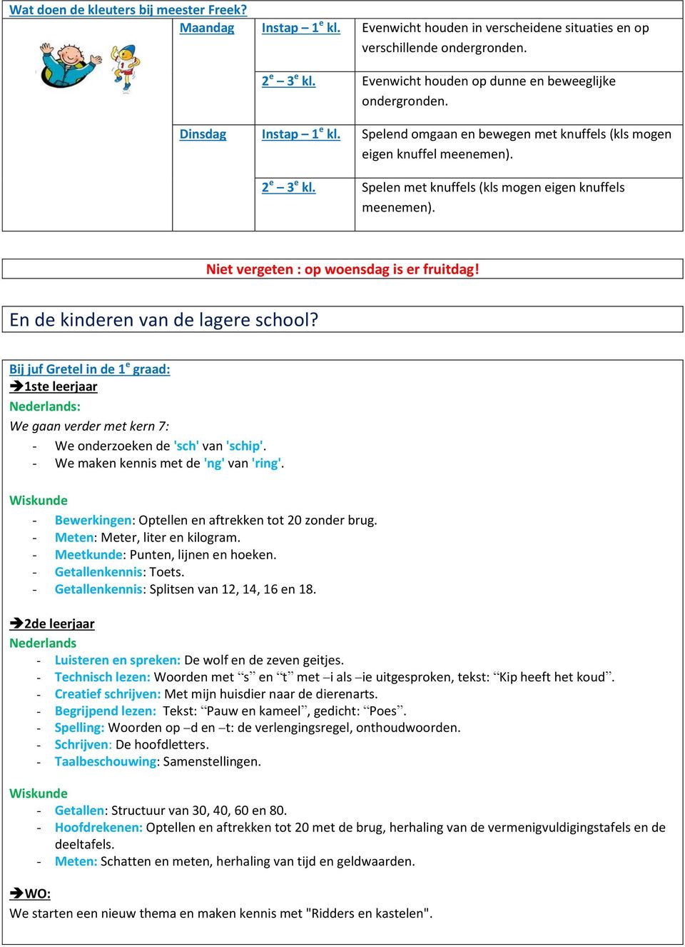 Spelen met knuffels (kls mogen eigen knuffels meenemen). Niet vergeten : op woensdag is er fruitdag! En de kinderen van de lagere school?