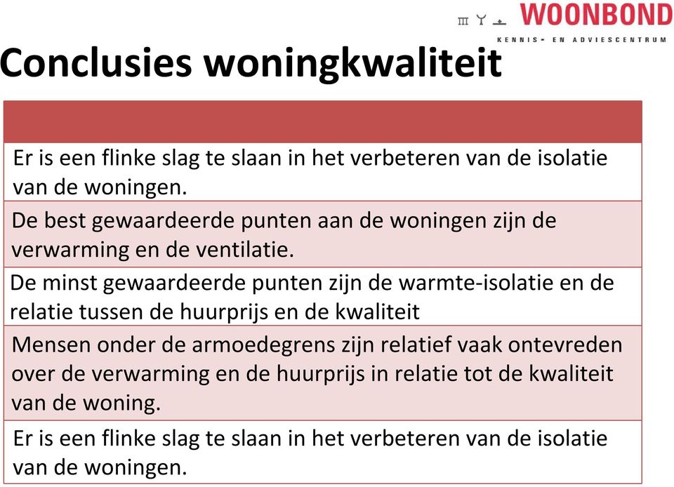 De minst gewaardeerde punten zijn de warmte-isolatie en de relatie tussen de huurprijs en de kwaliteit Mensen onder de