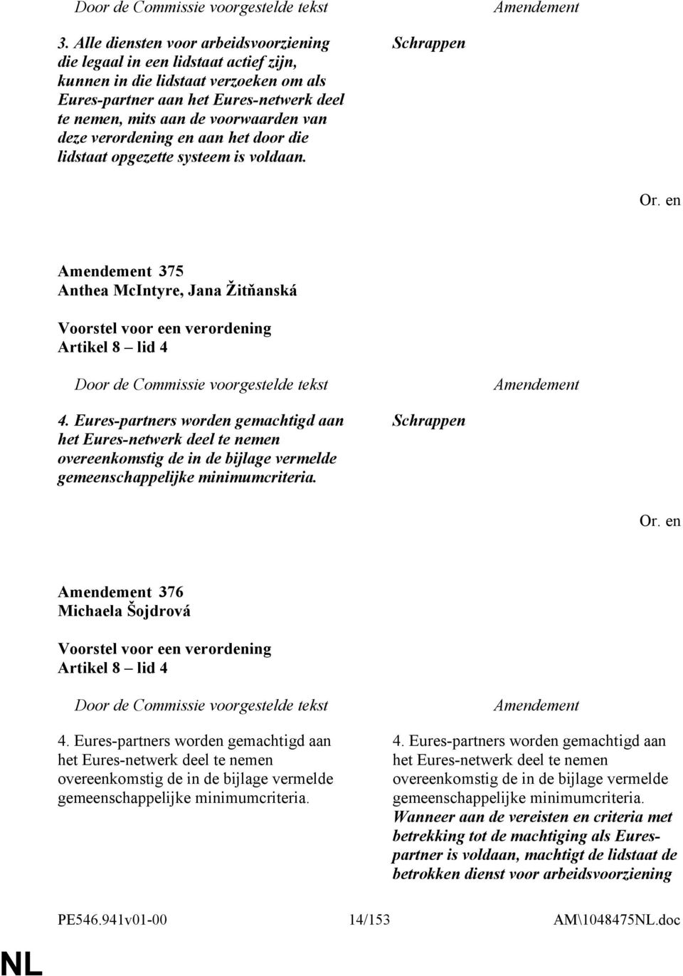 Eures-partners worden gemachtigd aan het Eures-netwerk deel te nemen overeenkomstig de in de bijlage vermelde gemeenschappelijke minimumcriteria. Schrappen 376 Michaela Šojdrová Artikel 8 lid 4 4.