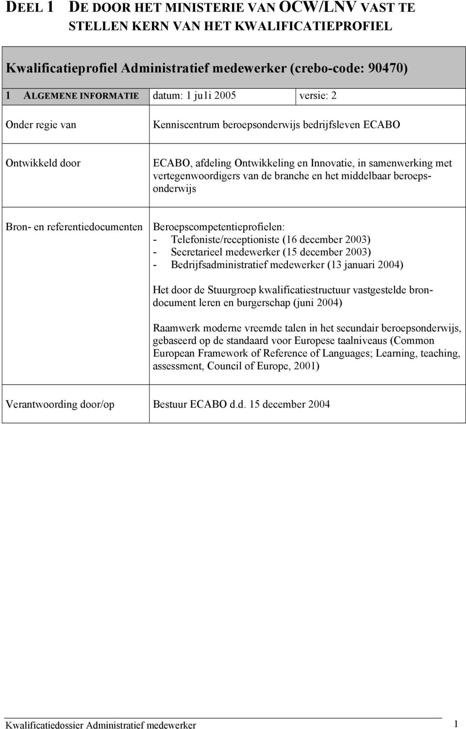 beroepsonderwijs Bron- en referentiedocumenten Beroepscompetentieprofielen: - Telefoniste/receptioniste (16 december 2003) - Secretarieel medewerker (15 december 2003) - Bedrijfsadministratief