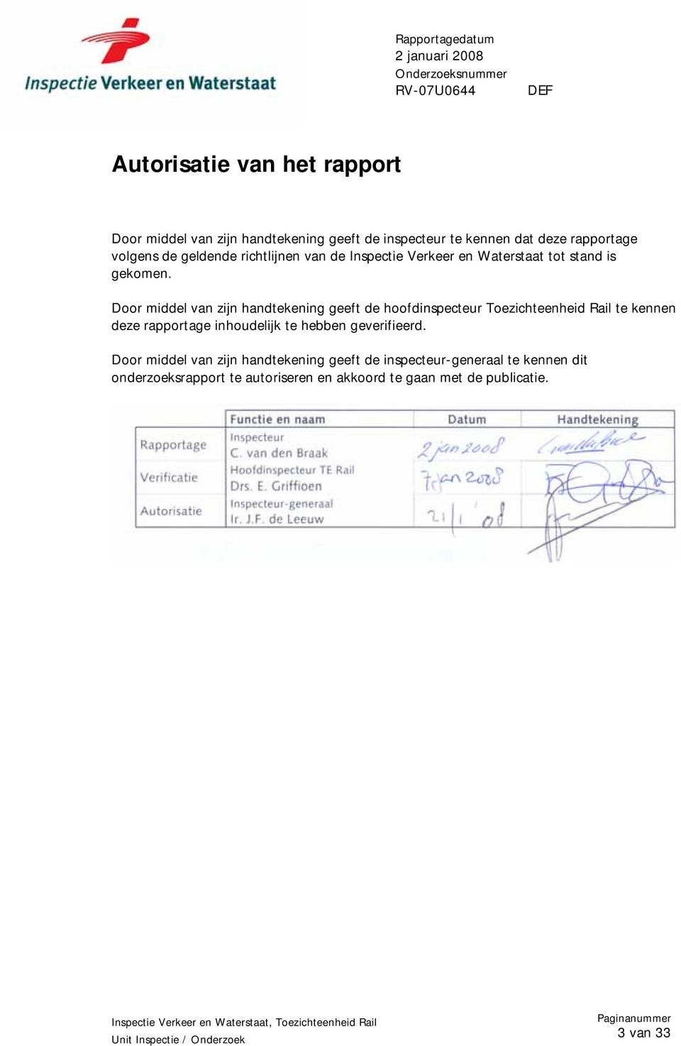 Door middel van zijn handtekening geeft de hoofdinspecteur Toezichteenheid Rail te kennen deze rapportage inhoudelijk te