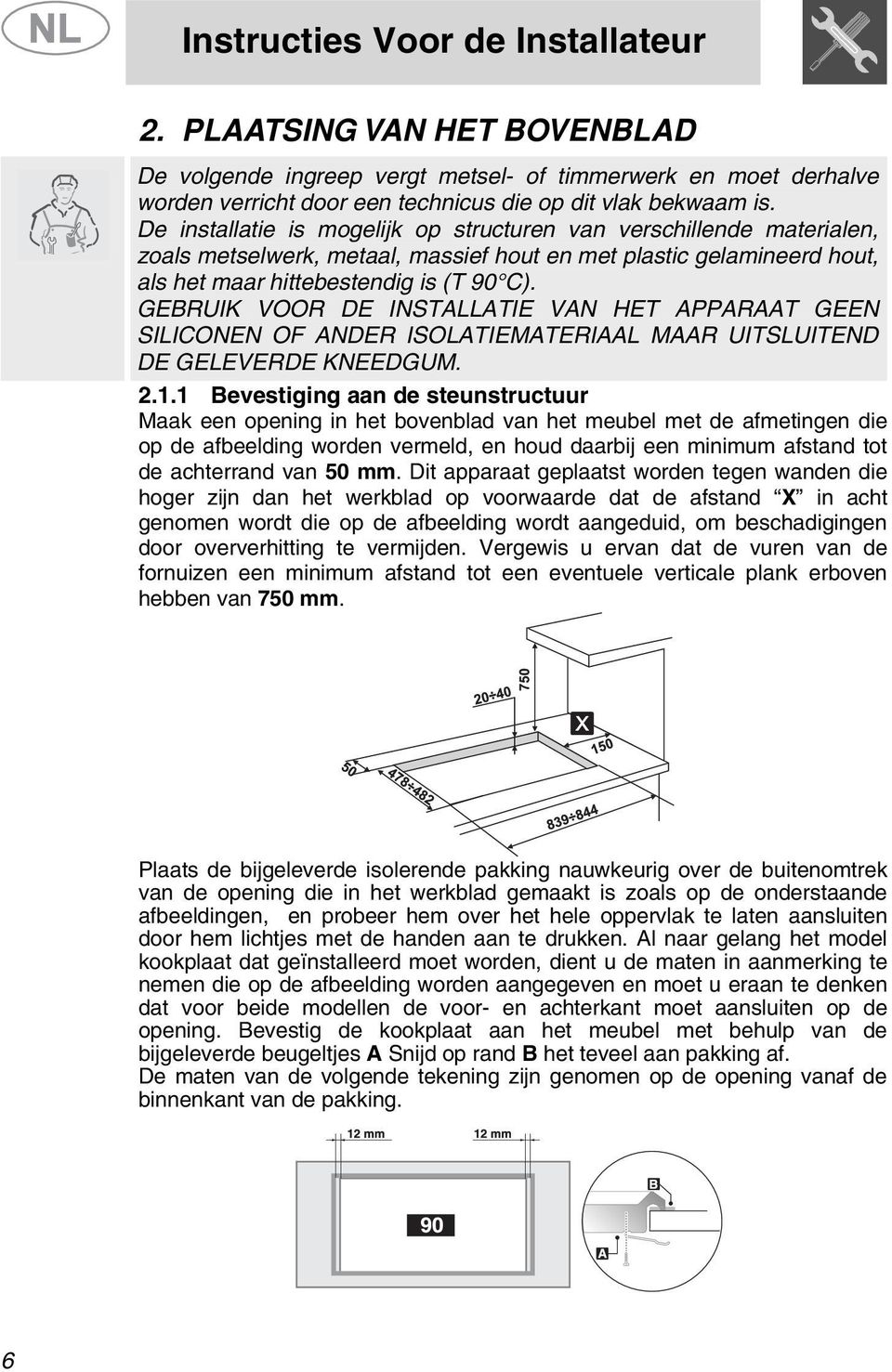 GEBRUIK VOOR DE INSTALLATIE VAN HET APPARAAT GEEN SILICONEN OF ANDER ISOLATIEMATERIAAL MAAR UITSLUITEND DE GELEVERDE KNEEDGUM. 2.1.