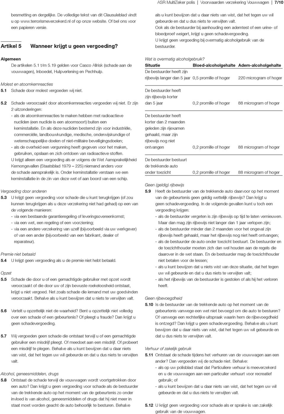 Ook als de bestuurder bij aanhouding een ademtest of een urine- of bloedproef weigert, krijgt u geen schadevergoeding. U krijgt geen vergoeding bij overmatig alcoholgebruik van de bestuurder.