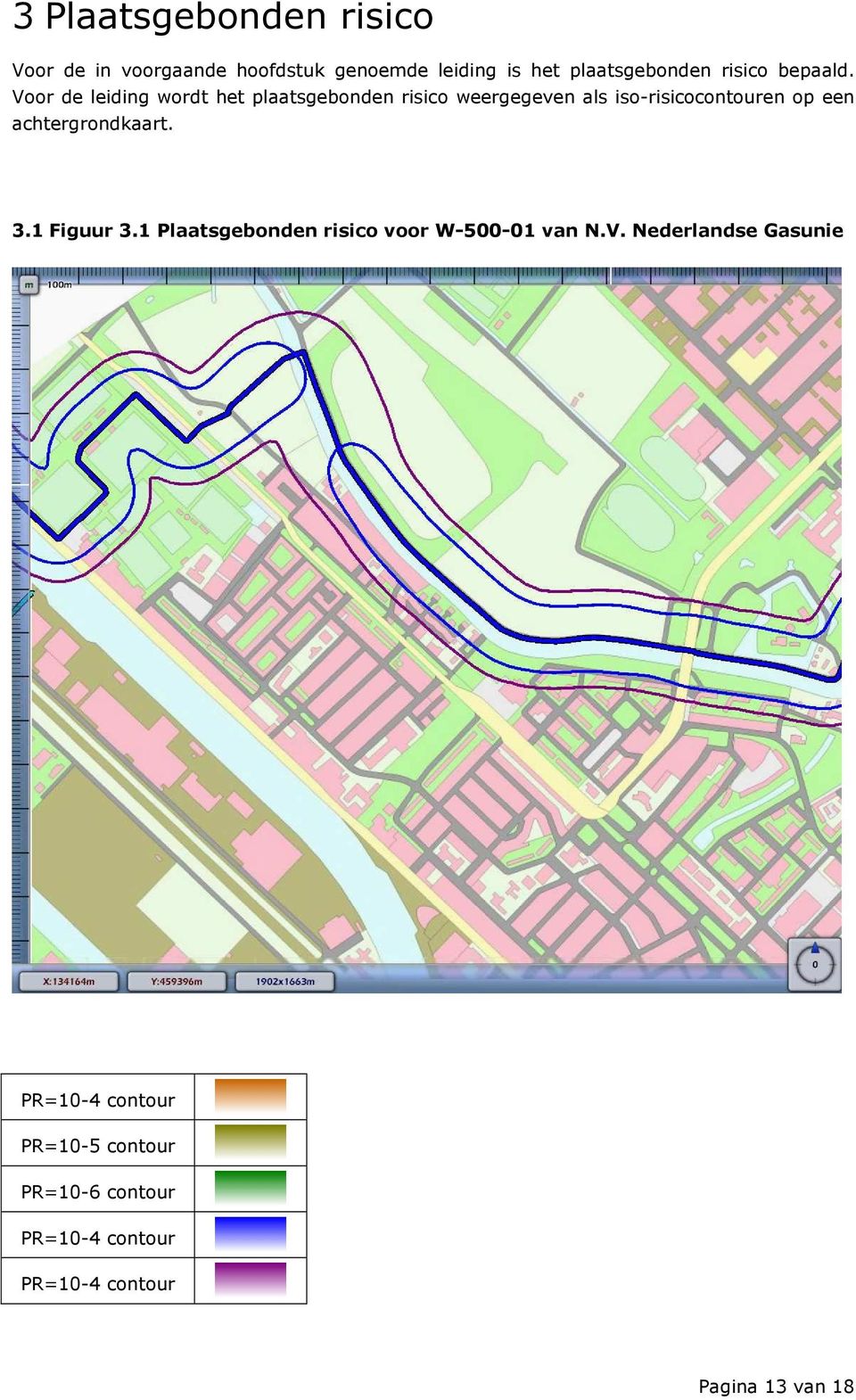 Voor de leiding wordt het plaatsgebonden risico weergegeven als iso-risicocontouren op een