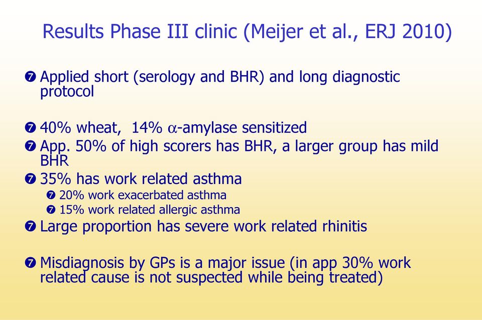 App. 50% of high scorers has BHR, a larger group has mild BHR ❼ 35% has work related asthma ❼ 20% work exacerbated