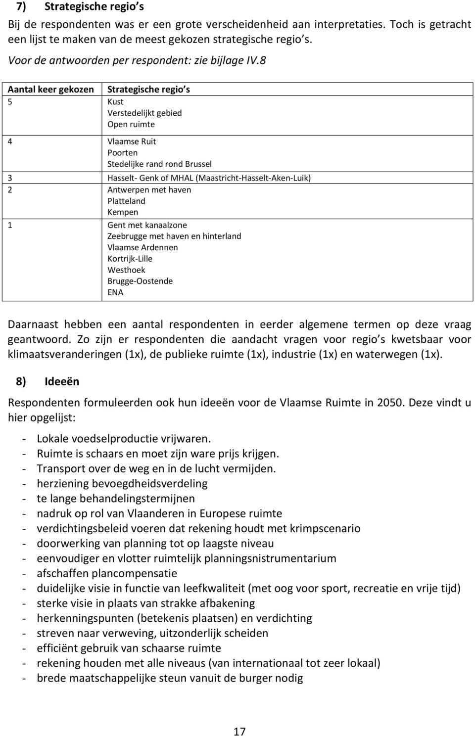 8 Aantal keer gekozen Strategische regio s 5 Kust Verstedelijkt gebied Open ruimte 4 Vlaamse Ruit Poorten Stedelijke rand rond Brussel 3 Hasselt- Genk of MHAL (Maastricht-Hasselt-Aken-Luik) 2