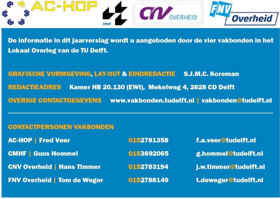 130 (EWI), Mekelweg 4, 2628 CD Delft overige contactgegevens www.vakbonden.tudelft.nl vakbonden@tudelft.