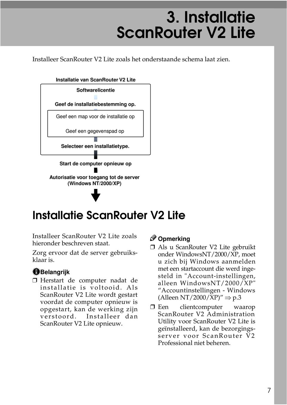 Start de computer opnieuw op Autorisatie voor toegang tot de server (Windows NT/2000/XP) Installatie ScanRouter V2 Lite Installeer ScanRouter V2 Lite zoals hieronder beschreven staat.