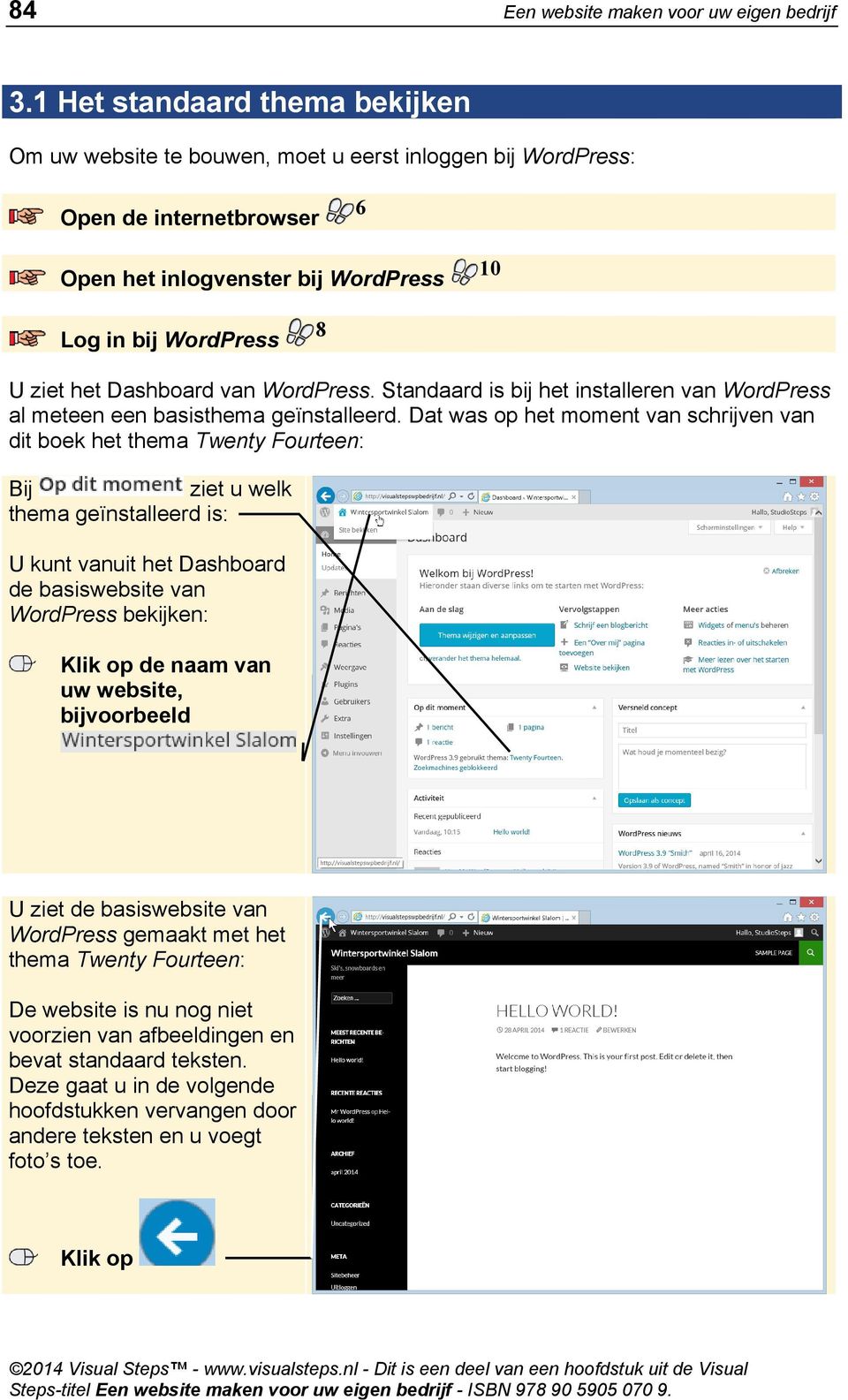 Dashboard van WordPress. Standaard is bij het installeren van WordPress al meteen een basisthema geïnstalleerd.