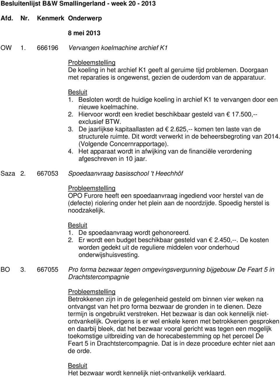 Hiervoor wordt een krediet beschikbaar gesteld van 17.500,-- exclusief BTW. 3. De jaarlijkse kapitaallasten ad 2.625,-- komen ten laste van de structurele ruimte.