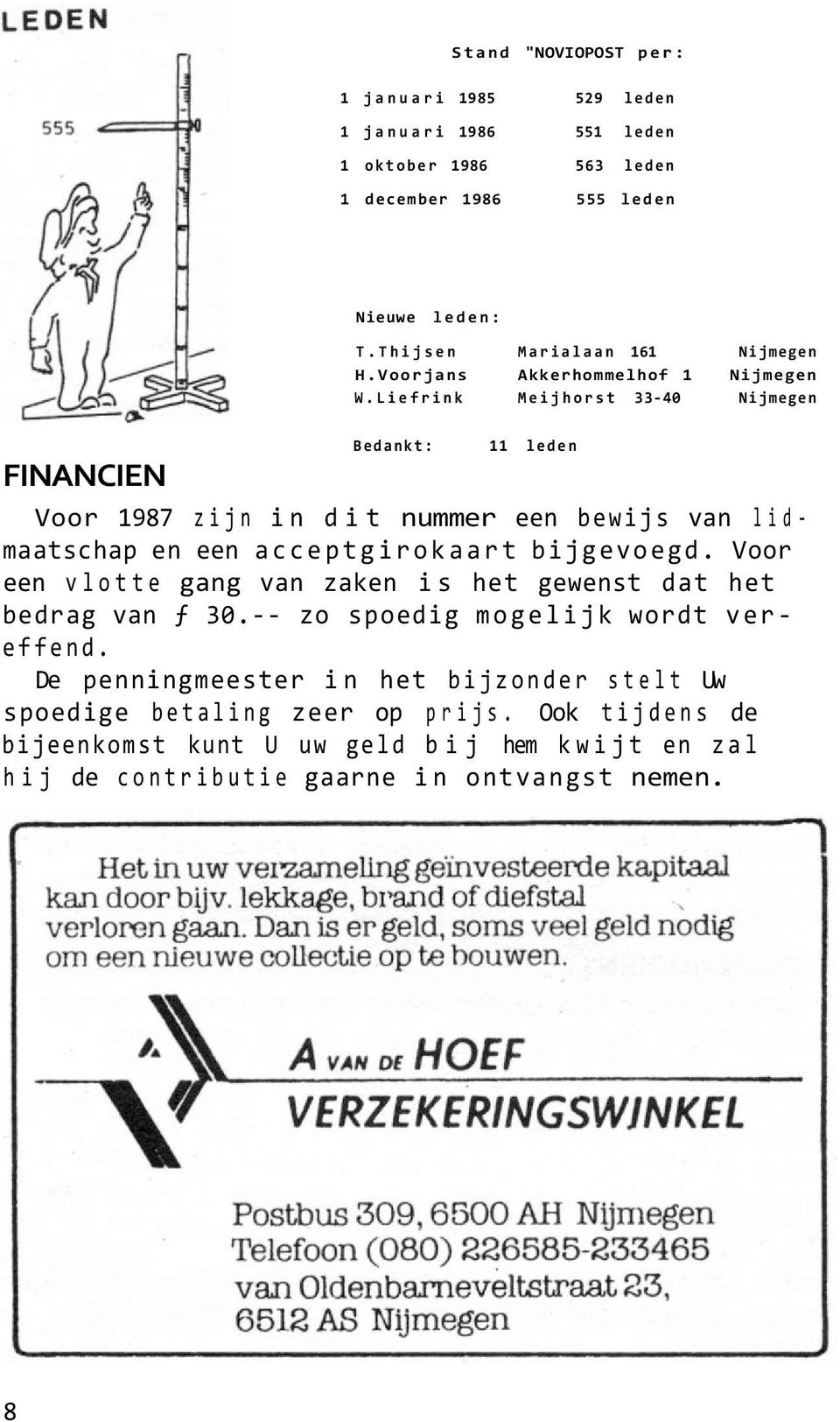 Liefrink Meijhorst 33-40 Nijmegen Bedankt: 11 leden FINANCIEN Voor 1987 zijn in dit nummer een bewijs van lidmaatschap en een acceptgirokaart bijgevoegd.