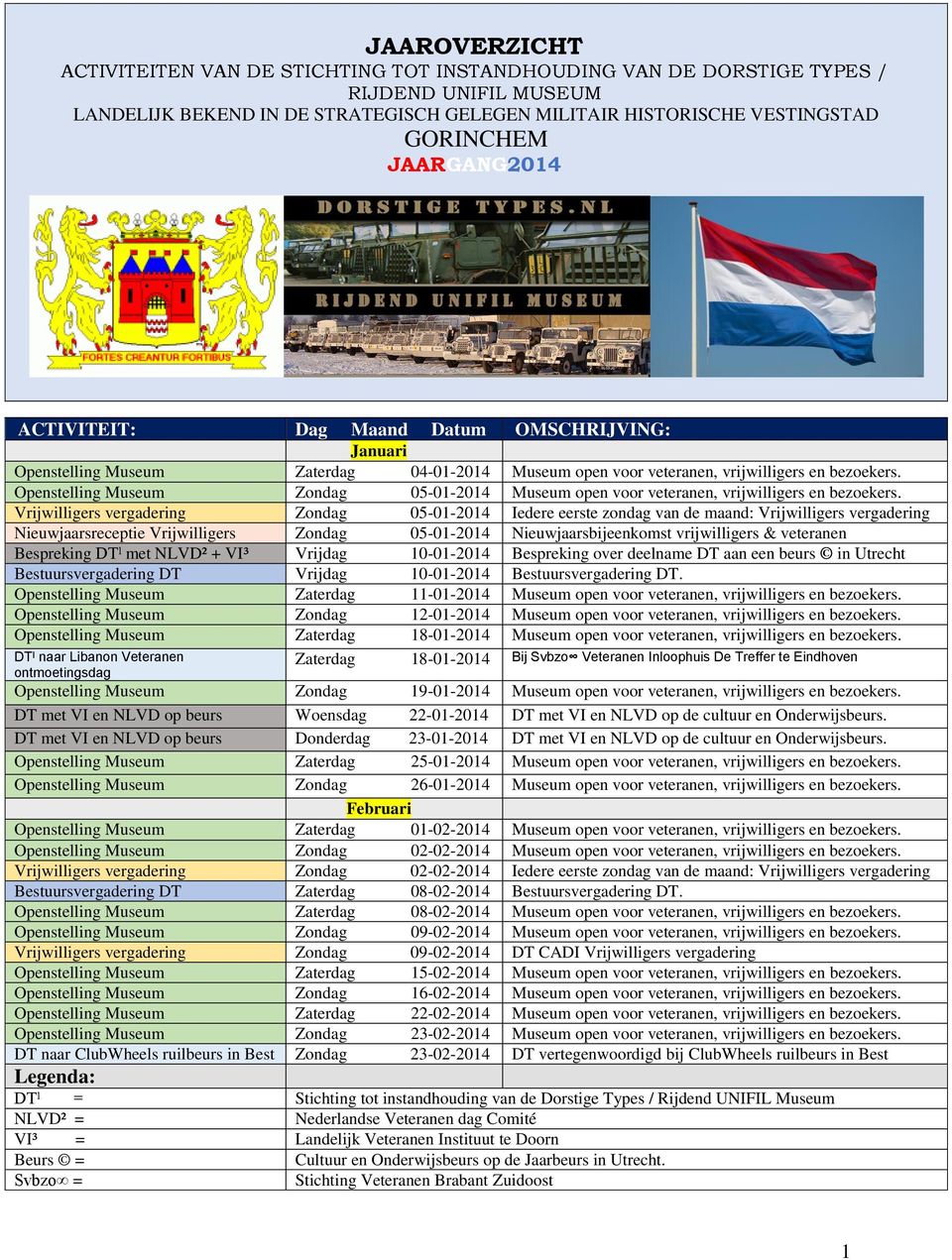 veteranen Bespreking DTˡ met NLVD² + VI³ Vrijdag 10-01-2014 Bespreking over deelname DT aan een beurs in Utrecht Bestuursvergadering DT Vrijdag 10-01-2014 Bestuursvergadering DT.