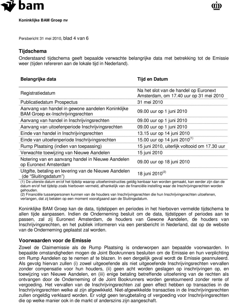 40 uur op 31 mei 2010 Publicatiedatum Prospectus 31 mei 2010 Aanvang van handel in gewone aandelen Koninklijke BAM Groep ex-inschrijvingsrechten 09.