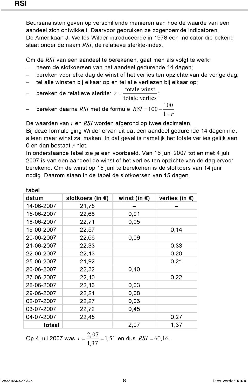 Om de RSI van een aandeel te berekenen, gaat men als volgt te werk: neem de slotkoersen van het aandeel gedurende 14 dagen; bereken voor elke dag de winst of het verlies ten opzichte van de vorige