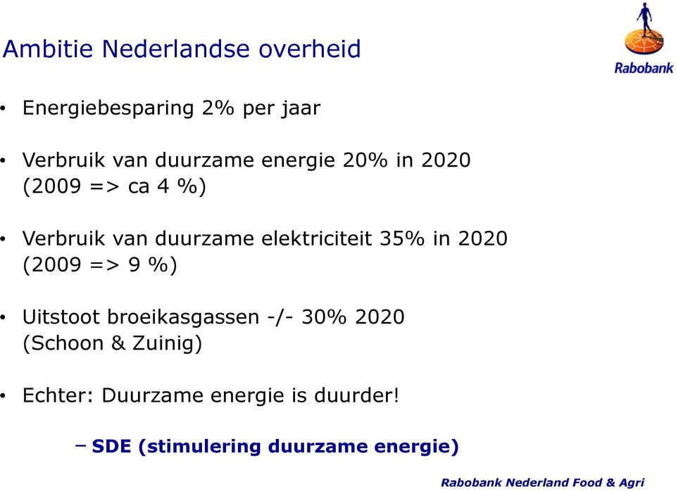 elektriciteit 35% in 2020 (2009 => 9 %) Uitstoot broeikasgassen -/- 30% 2020
