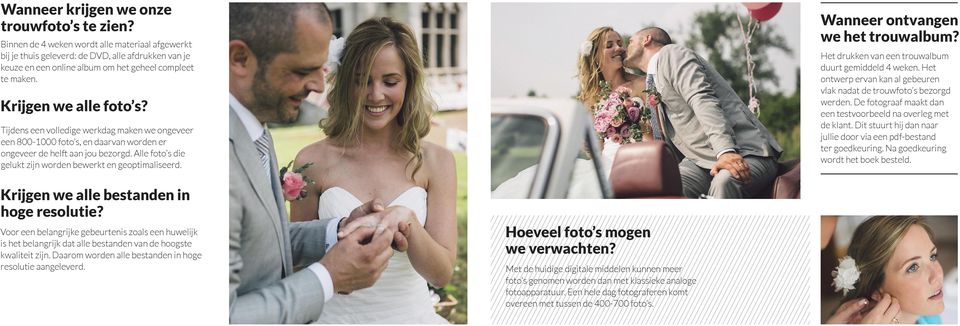 Het drukken van een trouwalbum duurt gemiddeld 4 weken. Het ontwerp ervan kan al gebeuren vlak nadat de trouwfoto s bezorgd werden. De fotograaf maakt dan een testvoorbeeld na overleg met de klant.