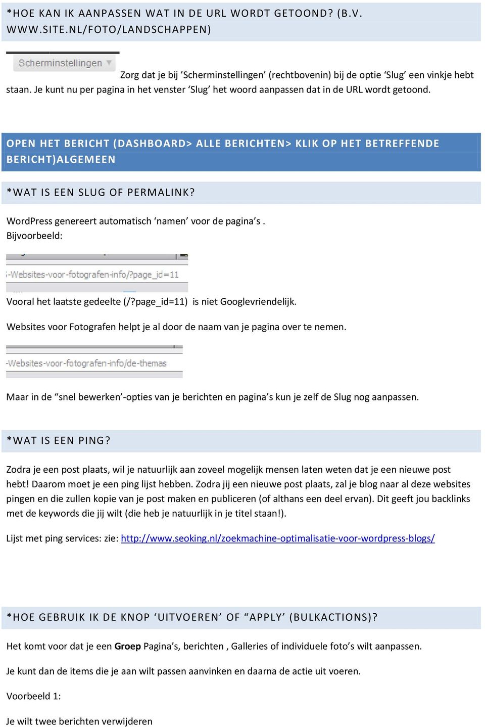 OPEN HET BERICHT (DASHBOARD> ALLE BERICHTEN> KLIK OP HET BETREFFENDE BERICHT)ALGEMEEN *WAT IS EEN SLUG OF PERMALINK? WordPress genereert automatisch namen voor de pagina s.