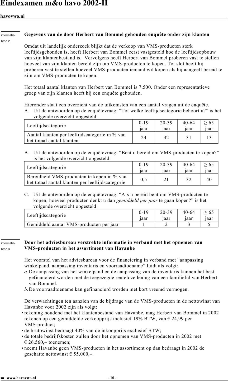 Tot slot heeft hij proberen vast te stellen hoeveel VMS-producten iemand wil kopen als hij aangeeft bereid te zijn om VMS-producten te kopen. Het totaal aantal klanten van Herbert van Bommel is 7.500.