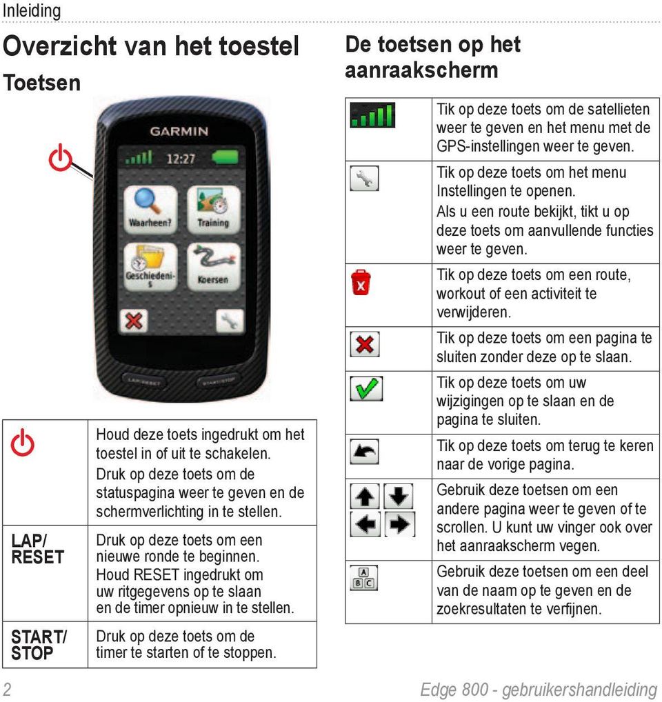 Houd RESET ingedrukt om uw ritgegevens op te slaan en de timer opnieuw in te stellen. Druk op deze toets om de timer te starten of te stoppen.