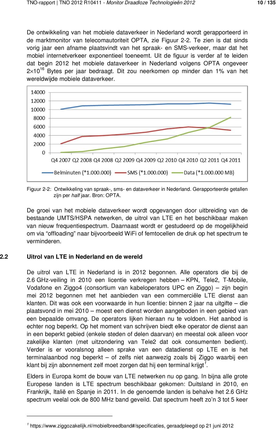 Uit de figuur is verder af te leiden dat begin 2012 het mobiele dataverkeer in Nederland volgens OPTA ongeveer 2 10 16 Bytes per jaar bedraagt.