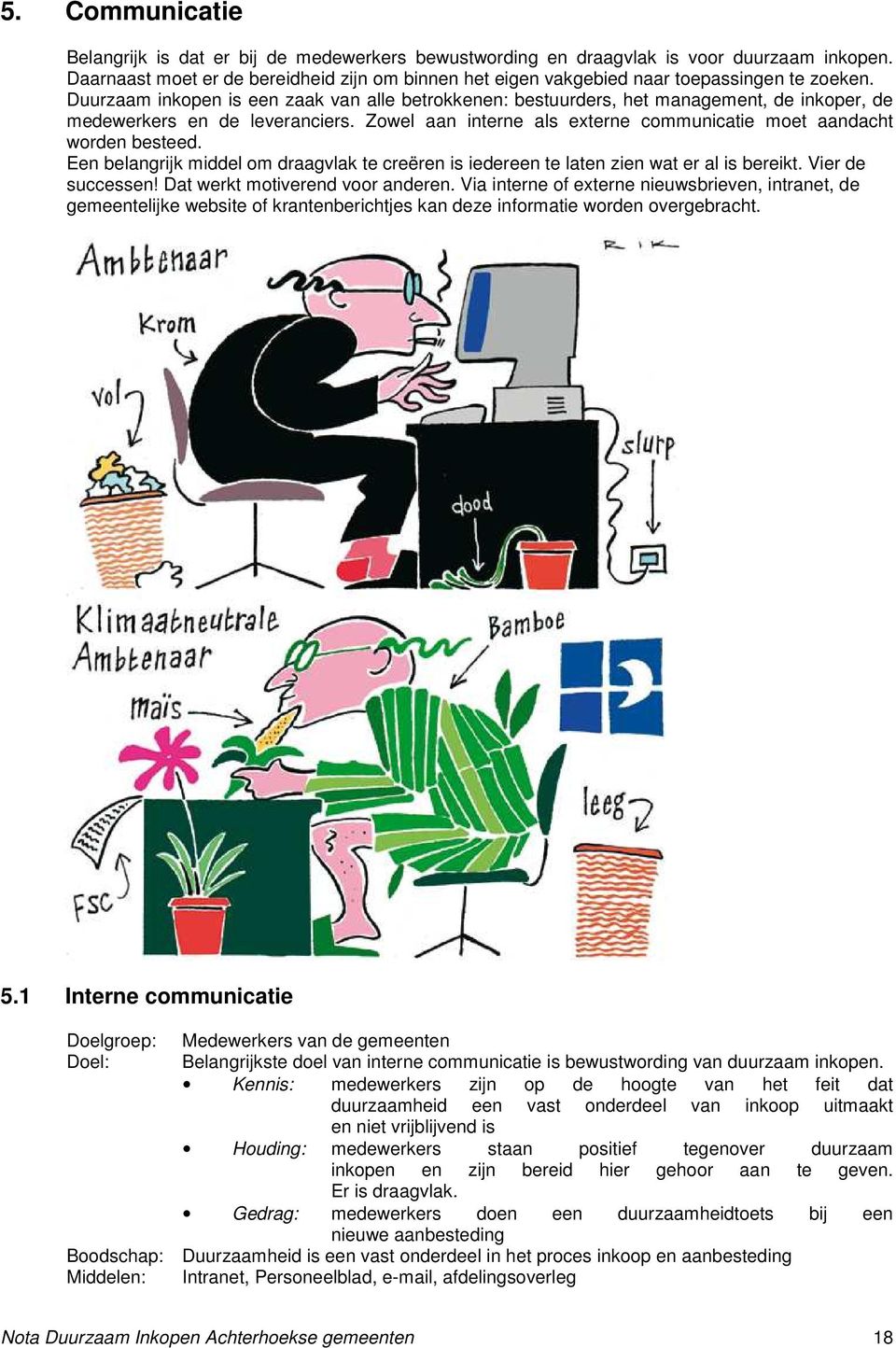 Duurzaam inkopen is een zaak van alle betrokkenen: bestuurders, het management, de inkoper, de medewerkers en de leveranciers. Zowel aan interne als externe communicatie moet aandacht worden besteed.