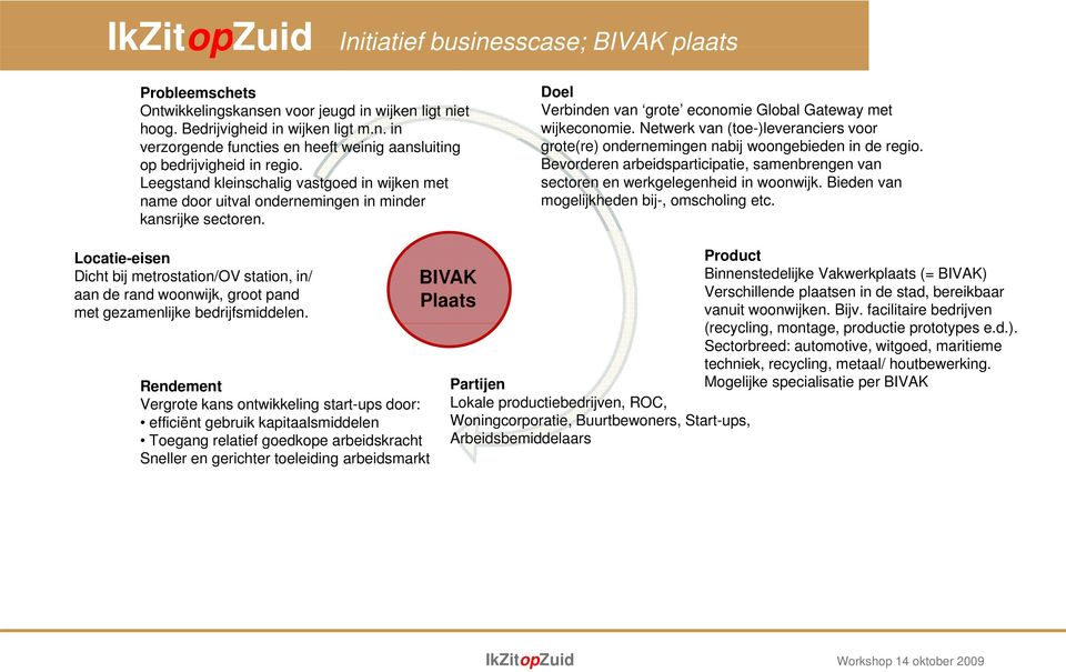 Netwerk van (toe-)leveranciers voor grote(re) ondernemingen nabij woongebieden in de regio. Bevorderen arbeidsparticipatie, samenbrengen van sectoren en werkgelegenheid in woonwijk.