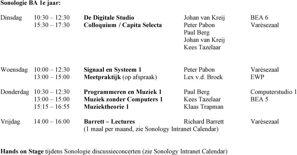 Broek EWP Donderdag 10:30 12:30 Programmeren en Muziek 1 Computerstudio 1 13:00 15:00 Muziek zonder