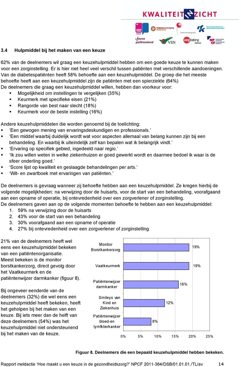 De groep die het meeste behoefte heeft aan een keuzehulpmiddel zijn de patiënten met een spierziekte (64%) De deelnemers die graag een keuzehulpmiddel willen, hebben dan voorkeur voor: Mogelijkheid