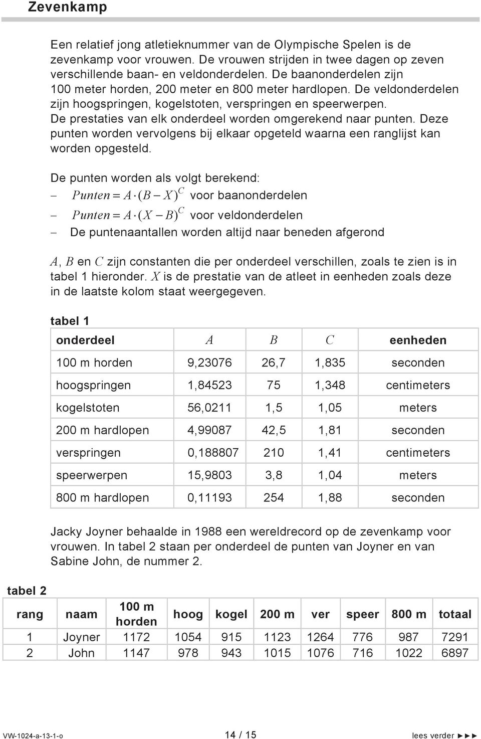 De prestaties van elk onderdeel worden omgerekend naar punten. Deze punten worden vervolgens bij elkaar opgeteld waarna een ranglijst kan worden opgesteld.