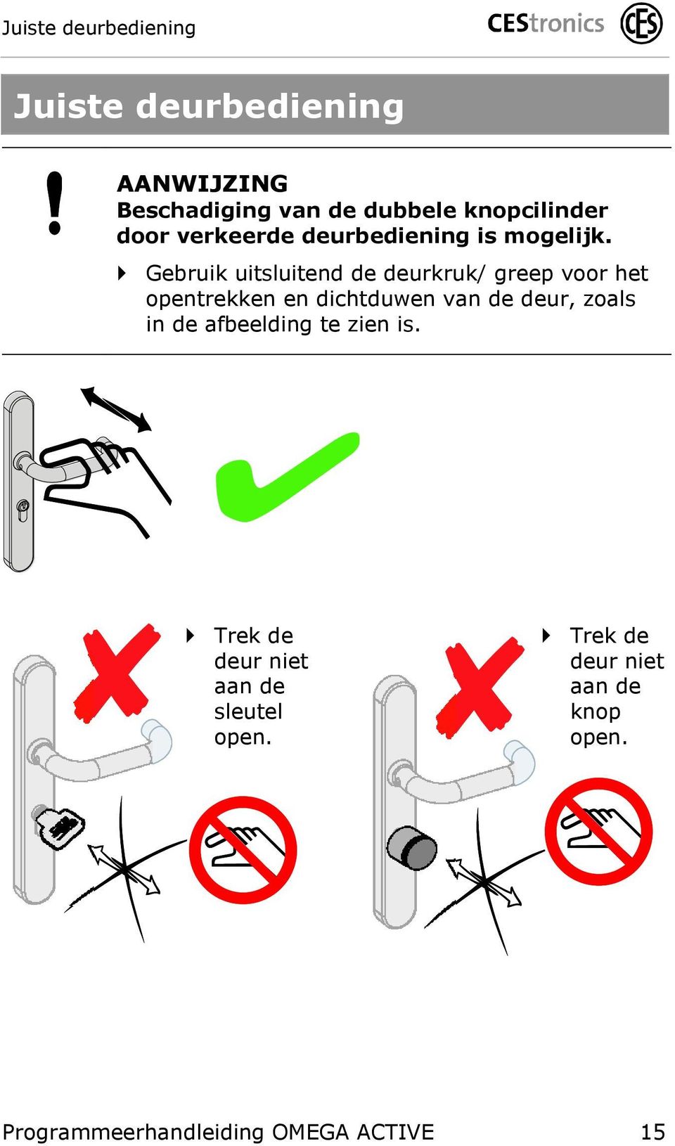 Gebruik uitsluitend de deurkruk/ greep voor het opentrekken en dichtduwen van de deur, zoals